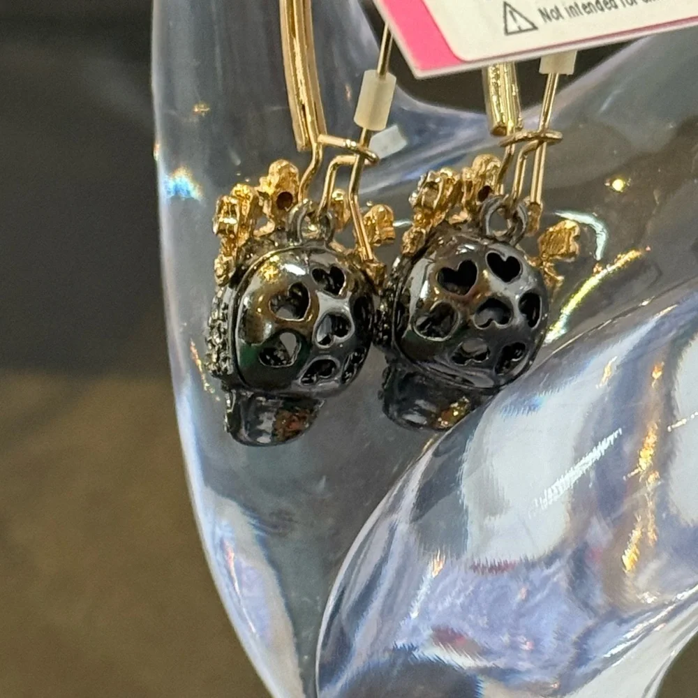 Betsey Johnson Gold and Black Pave Skull Earrings - Picture 6 of 8